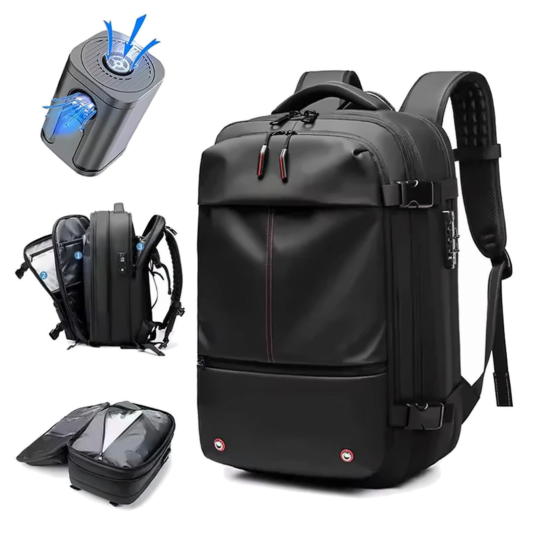 The AirBag Backpack shown with its compression chamber and rechargeable pump