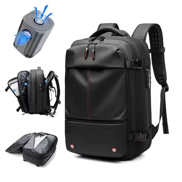 The AirBag Backpack shown with its compression chamber and rechargeable pump