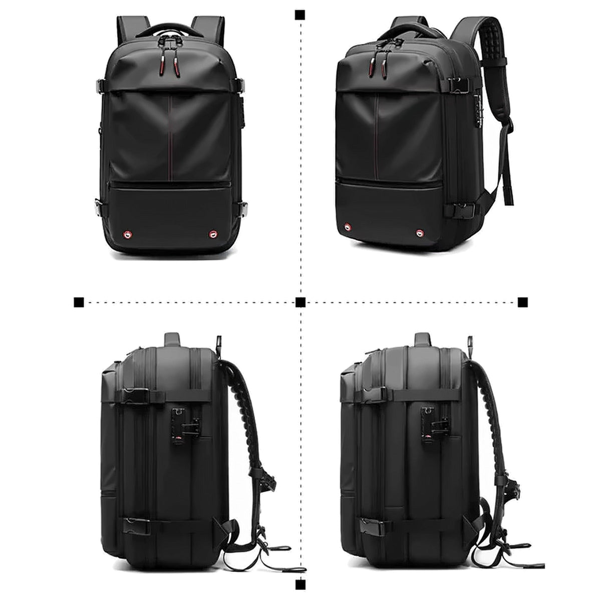 Four views of the backpack from different angles