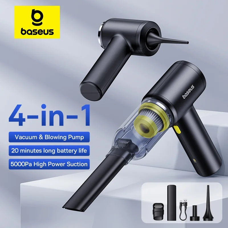 Cordless car vacuum on a lit plinth with its four nozzle attachments