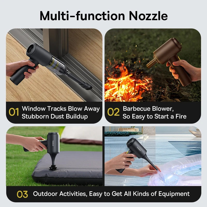 Cordless car vacuum on a lit plinth with its four nozzle attachments