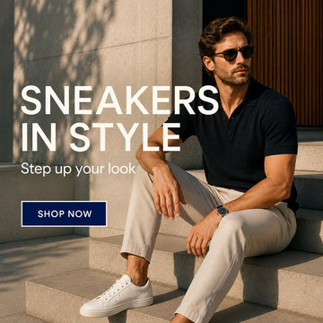 Man seated on stone steps wearing white sneakers