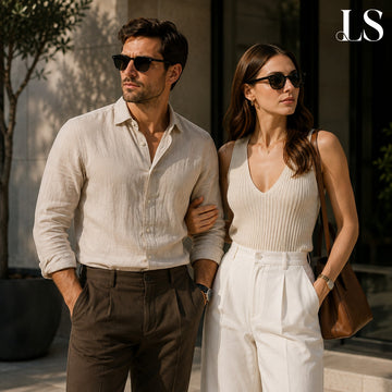 Couple in linen and knitwear walking together