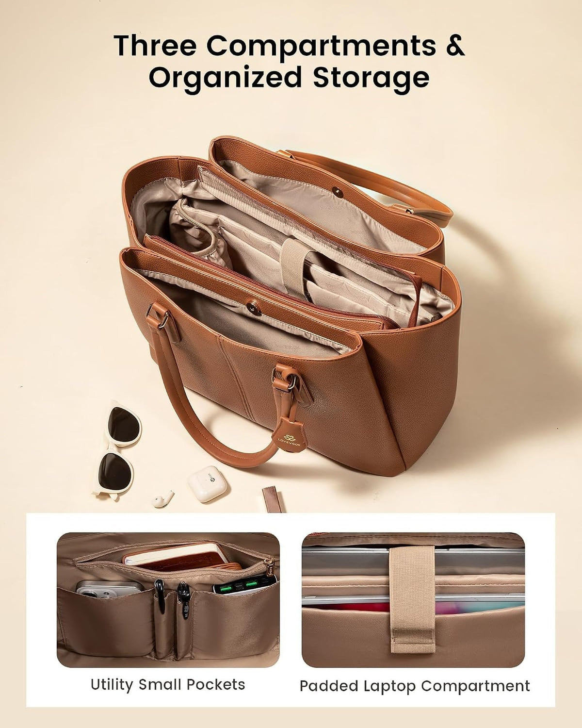 The three compartments open, showing the zipped centre sleeve