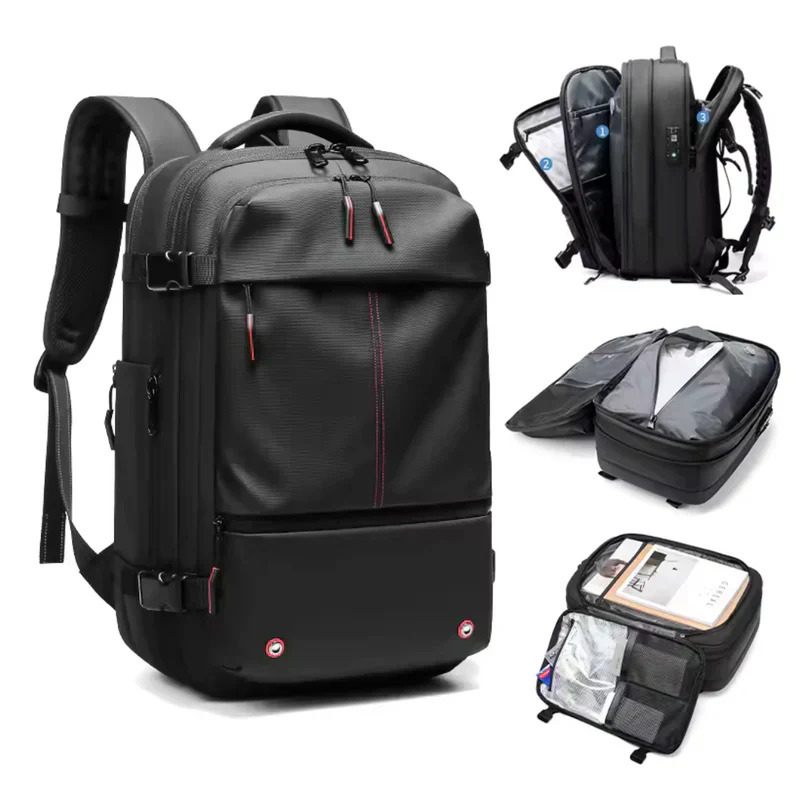 Interior compartments, ventilated shoe pocket and packing organisation