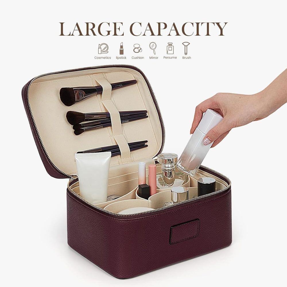 The case open, showing brush loops and room for bottles and jars