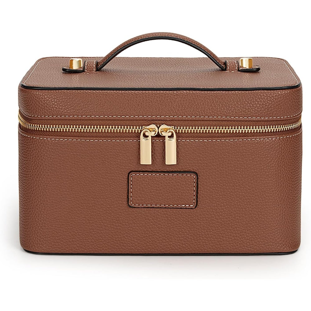 Brown vanity case with gold zip pulls, closed