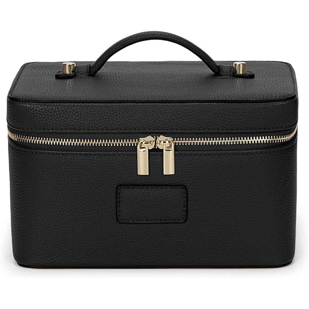 Black vanity case with gold zip pulls, closed