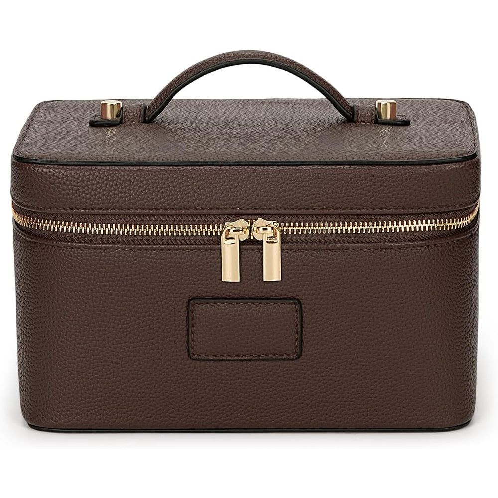 Coffee vanity case with gold zip pulls, closed